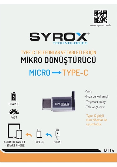 Micro Usb Giriş Type-C Uç Şarj Çıkış Dönüştürücü Syrox Dt14