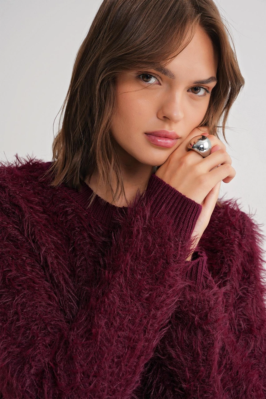 6897 Kadın Uzun Sakallı Bant Detaylı Triko Hırka Bordo Bordo