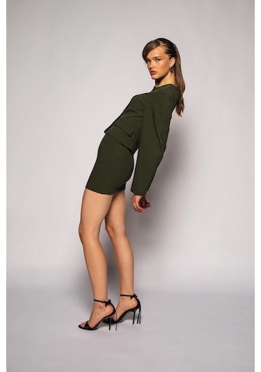 Kadın Açık Haki Balon Kol Crop Blazer Açık Haki