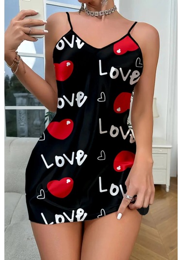 Hello Papana Hello Papana Love Desenli Siyah Saten Gecelik Çok Renkli