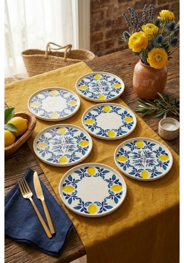 Limon 6'lı Handmade Stackable Seramik Pasta Tabak Seti - Premium Sunum & Kahvaltı Takımı - 20 Cm Beyaz
