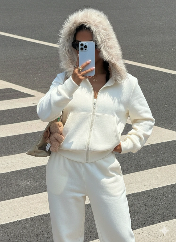 Ekru Siyah Fermuarlı Kapüşonlu Sweatshirt Eşfoman Takımı Kürklü Kapüşon, Cepli, Rahat Kalıp Ekru