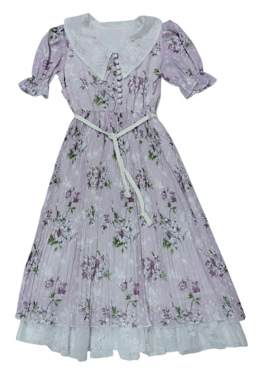 Kız Çocuk Düğme Kapamalı Güpürlü Beli Kuşaklı Şifon Midi Elbise Lila