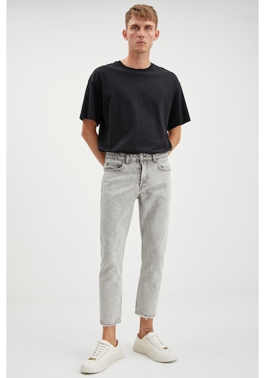 Gılberto  Erkek Carrot Fit Havuç Paça Eskitme Yıkamalı Kalın Dokulu Denim Açık Gri Jeans