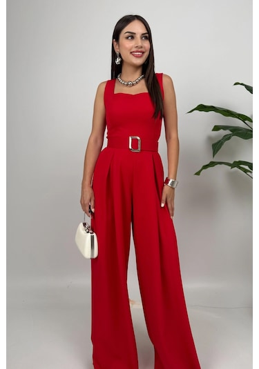 Noir Flow Kadın Kırmızı Kemerli Askılı Bol Paça Tulum Zarif Şıklık Kırmızı