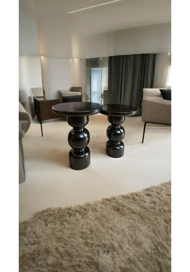 Wood Ahşap 2'li Set Vazo Mantar Yan Sehpa Siyah Renk