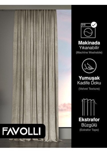 Br Favolli Kadife Dokulu Keten Rengi Ada Fon Perde Ekstrafor Büzgülü Dream Series Keten