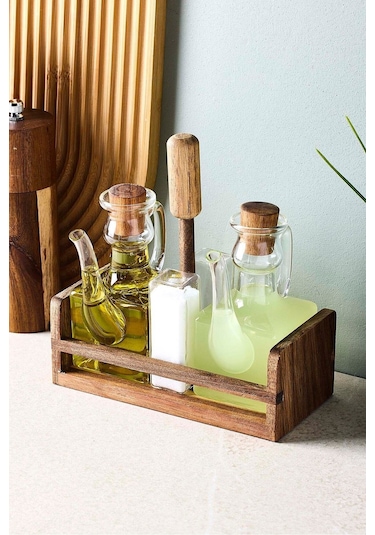 Romey 4'lü Borosilikat Cam Akasya Standlı Yağdanlık Tuzluk Biberlik Seti Seffaf Şeffaf