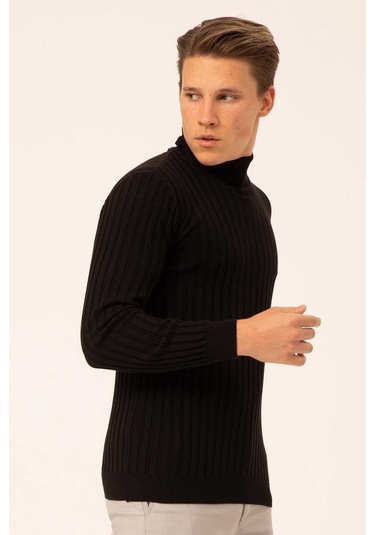 Ateş Triko Erkek Balıkçı Yaka Slim Fit Fitilli Triko Kazak 6091288 Siyah Siyah