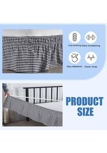 Tam Yatak İçin Siyah Ekose Yatak Etek 15 İnç. Drop, Kolay Uygun Fırfırlı Yatak, Anti Kırışıklık Siyah