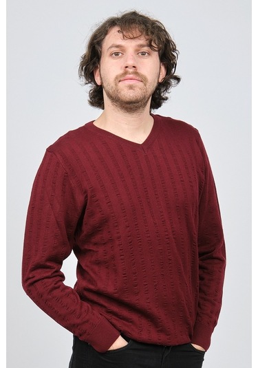 Desen Triko Erkek V Yaka Yün Kazak 0249626 Bordo Bordo
