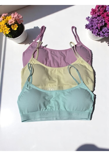 Kız Genç İp Askılı Pedli Yarım Atlet Büstiyer 3'lü Alıştırma Sütyeni Karışık