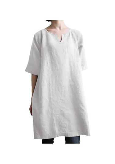 Kadın Düz Renk V Yaka Günlük Midi Elbiseler Beyaz