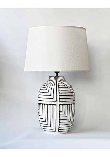 Aztek, Seramik Abajur, H67 X Çap Ø39cm, Beyaz - Siyah