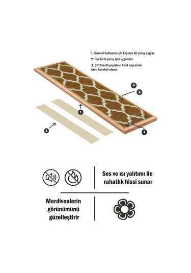 Dikdörtgen Dokuma Merdiven Halısı Kendinden Yapışkanlı Kahve Bej
