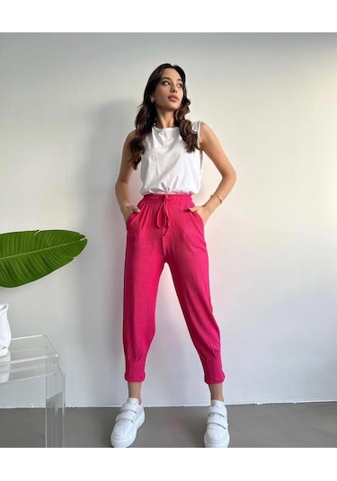 Pembe Bel Büzgülü Bürümcük Kumaş Kadın Eşofman Alt Pembe