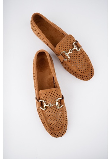 Muggo Phuket Garantili Metal Tokalı Lazerli Nefes Alabilen Deri Kadın Loafer Günlük Ayakkabı Taba