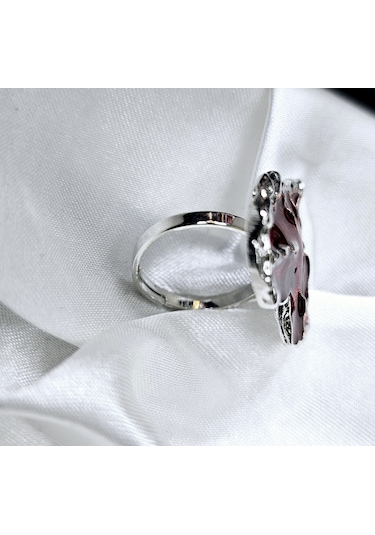 Dükkan Design Ayarlanabilir Kırmızı Mineli Büyük Boy Gotik Kalp Yüzük Kırmızı