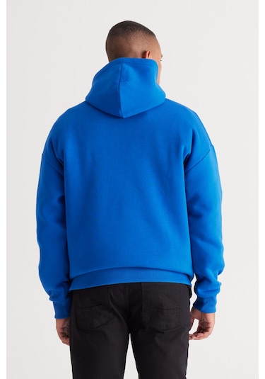 AC&Co / Altınyıldız Classics Erkek Mavı Oversize Fit Bol Kesim Kapüşonlu İçi Polarlı Pamuklu Sweatshirt Mavi