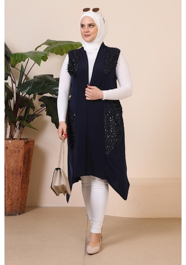 Kadın Buyuk Beden Pulpayetli Siyah Yelek Uzun 001