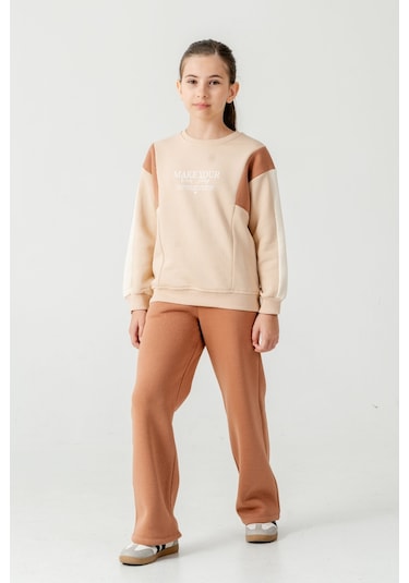 Kız Çocuk Make Your Baskılı 3 İplik Kalın Kışlık Eşofman Takımı Ak4227 Kahverengi