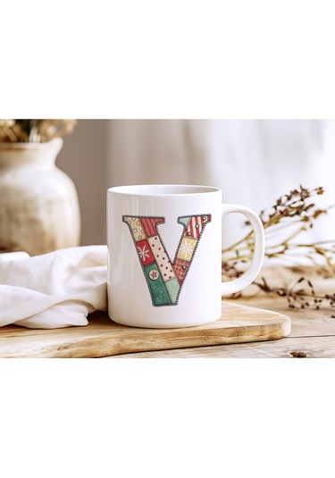 V Harfi Yılbaşı Temalı Kupa Bardak - Yeni Yıl Konsept Yamalı Efekt Tasarım - Noel Hediye Beyaz