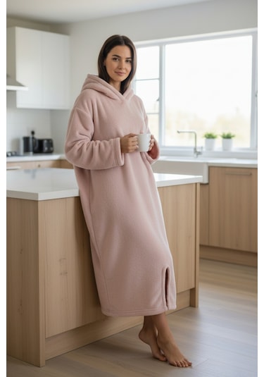 Serona Wellsoft Peluş Kapüşonlu Uzun Panço Yumuşak Dokulu Giyilebilir Tv Battaniyesi Pudra S/m Pudra