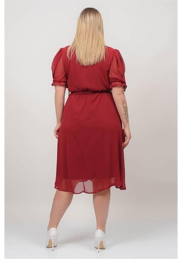 Dip Moda Kadın Astarlı Büyük Beden Şifon Elbise Dpnb8062 Bordo
