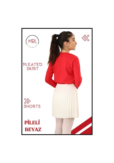 Kız Çocuk Pilel Ekru / Beyaz Etek Yüksek Bel Içi Şortlu Likra Kumaş Okul-oyun-spor-etkinlik Eteği 4103 Ekru/ Beyaz