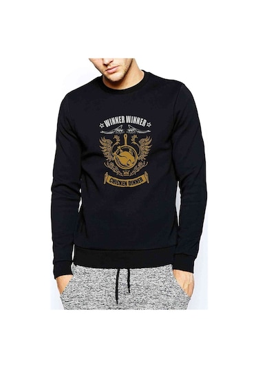 Pubg Chicken Dinner Baskılı Siyah Erkek Örme Sweatshirt (528987504)