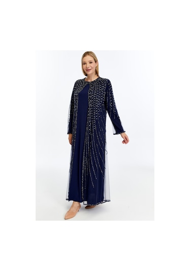 Modabanuda Betül 2'li Takım Taşlı Abaya Lacivert