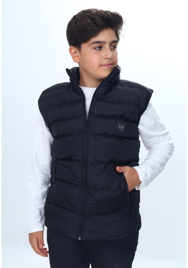 Toontoy Erkek Çocuk Su İtici Dik Yaka Fermuarlı Cepli Şişme Yelek Siyah