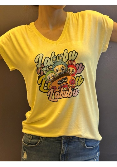 Labubu Baskılı Kadın V Yaka Sarı T-shırt Sarı