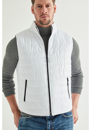 Regular Fit Beyaz Dik Yaka Elyaf Dolgulu Mevsimlik Fermuarlı Yelek Mont 7HF07ORT42611