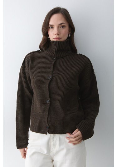 Laluvia Dik Yaka Apoletli Hırka - 2028 Acı Kahve