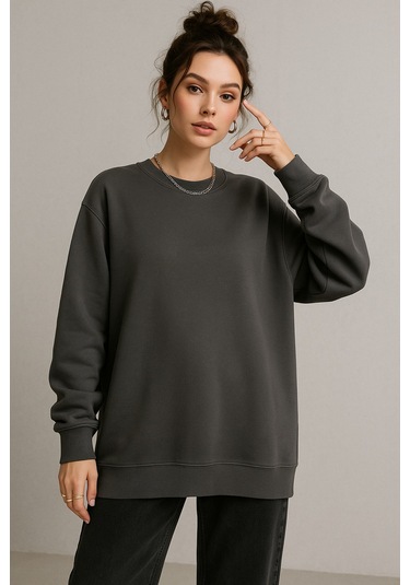 Kadın Füme Bisiklet Yaka Oversize Sweatshirt Füme