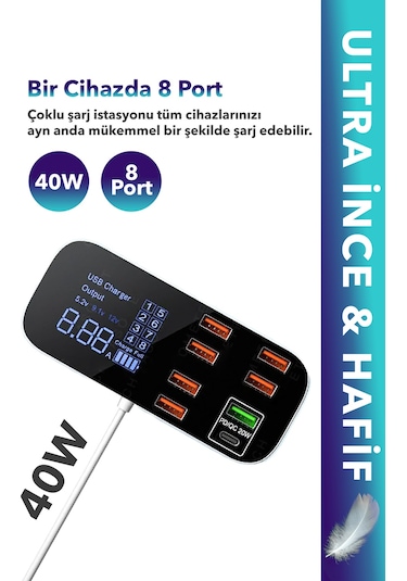 Spovan Impro Led Ekranlı 8 Port Usb Type C Şarj Cihazı