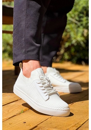 Beyaz Triko Yüksek Taban Bağcıklı Günlük Erkek Ayakkabısı Beyaz