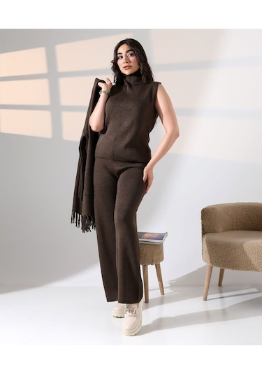 Bohem Şıklık Püskül Detaylı Üçlü Triko Takım Kahverengi