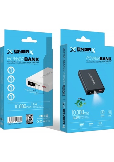 Enerx Enr-p10188dc Powerbank 10.000 Mah Dijital Ekranlı Fenerli Usb+type-c 2.1a Beyaz Siyah