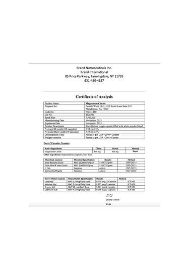 Double Wood Magnesium Citrate Capsules 800mg 180 Capsules Ci...