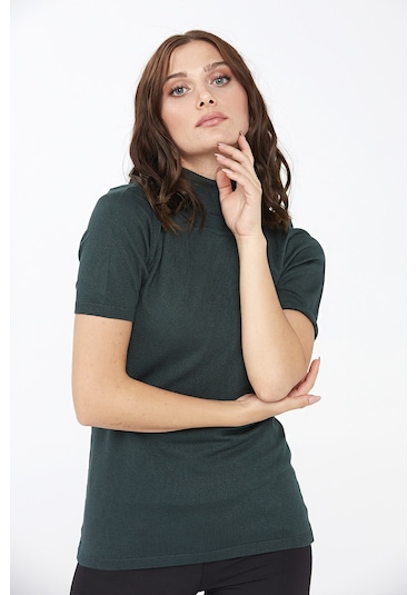 Desen Triko Kadın Likralı Kısa Kollu Tam Balıkçı Bluz 20346 Nefti