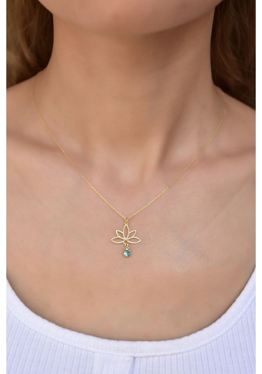 925 Ayar Gümüş Altın Kaplama Lotus Aralık Ayı Doğum Taşı Kolye