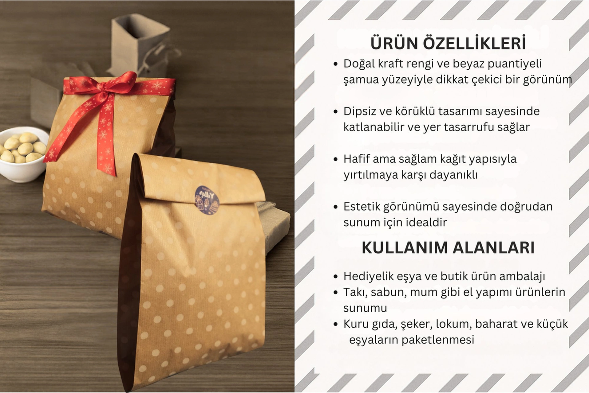 Körüklü Kraft Kese Kağıdı, Beyaz Puantiyeli Şamua Hediye, Ambalaj