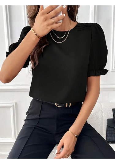 Kadın Kısa Kollu Bisiklet Yaka Kolları Gipeli Ithal Krep Bluz Siyah