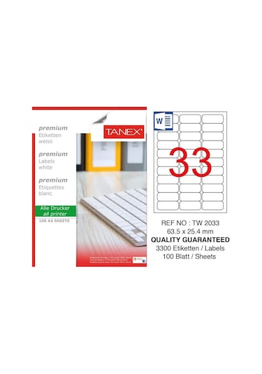 Tanex TW-2033 Kuşe Laser Etiket 100 Lü Paket