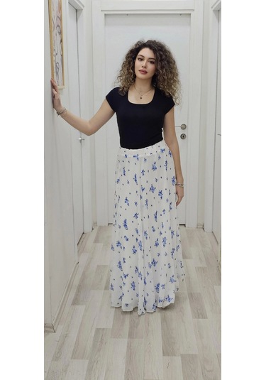 Bel Lastikli Kloş Şifon Etek 6003-beyaz/mavi Beyaz/mavi Beyaz - Mavi