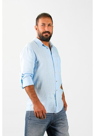 Balins Erkek Keten Dökümlü Gömlek Açık Mavi