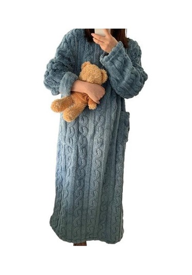 Sonbahar Kış Gecelik Kalın Mercan Polar Gevşek Cepler Sıcak Düz Renk Yuvarlak Boyun Bükülmüş Doku Uzun Kollu Tam Boy Termal Ev Tekstili Lacivert