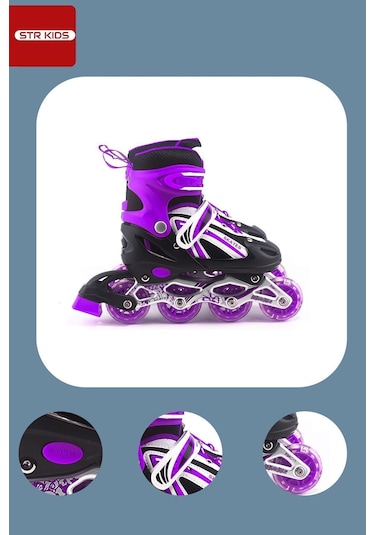 Mor Ayarlanabilir 2+1 Işıklı Aliminyum Gövde Alıştırma Pateni Çanta Hediyeli Işıklı Paten Mor